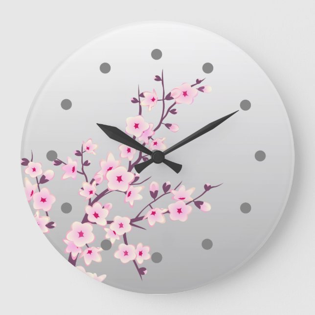 Reloj Redondo Grande Floral Cerezo Blossom Muro de Gris Rosa (Anverso)