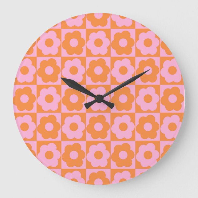 Reloj Redondo Grande Floral Checker Pink Orange (Anverso)
