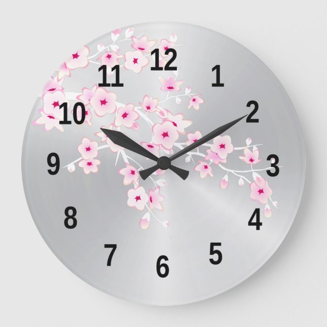 Reloj Redondo Grande Floral Cherry Blossoms Pink Silver Girls Room (Anverso)