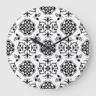 Reloj Redondo Grande Floral Damask Estilo Vintage Blanco y Negro