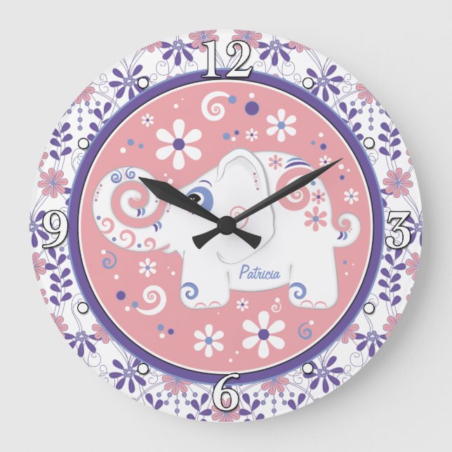 Reloj Redondo Grande Floral de elefante blanco rosado morado personaliz (Anverso)