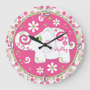 Reloj Redondo Grande Floral de elefante blanco verde rosa personalizada