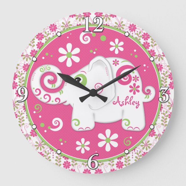 Reloj Redondo Grande Floral de elefante blanco verde rosa personalizada (Anverso)