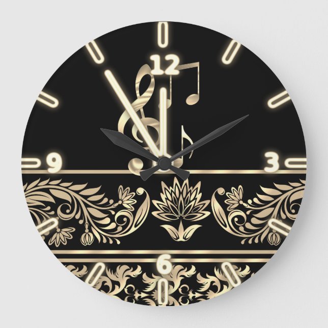 Reloj Redondo Grande Floral de oro elegante,Clave de violín,Nota (Anverso)