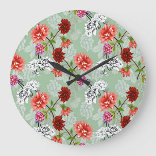 Reloj Redondo Grande Floral de primavera verde: mano dibujada