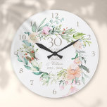 Reloj Redondo Grande Floral del 30 aniversario de la Perla Boda Rosas<br><div class="desc">Con una delicada garland floral color agua,  este reloj botánico para el aniversario de los 30 bodas de moda puede ser personalizado con sus detalles especiales para el aniversario de la perla en una elegante tipografía gris perla. Diseñado por Thisisnotme©</div>