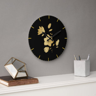 Reloj Redondo Grande Floral elegante de color negro y oro