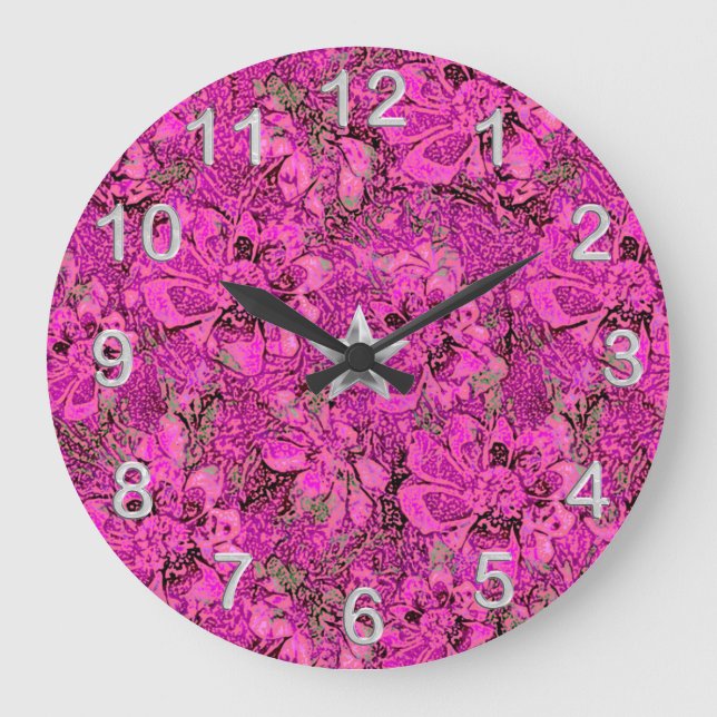 Reloj Redondo Grande Floral estilizada rosa caliente con acentos de sil (Anverso)