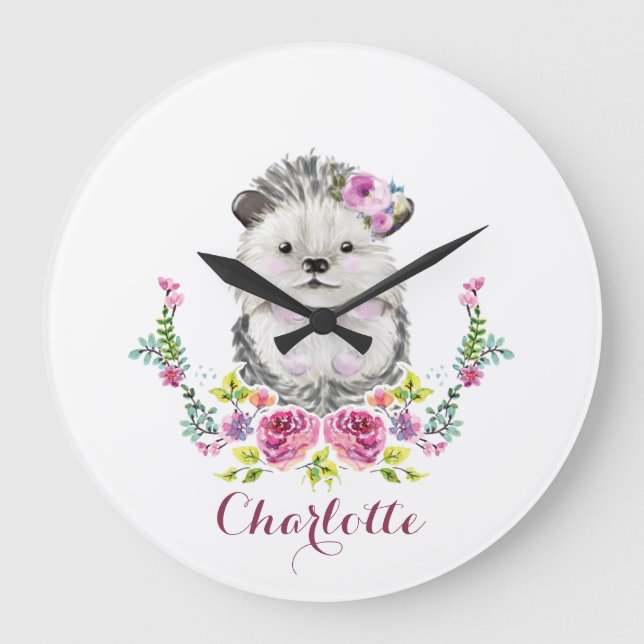Reloj Redondo Grande Floral pintado a mano del erizo personalizado (Anverso)