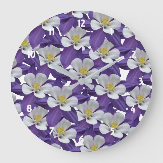 Reloj Redondo Grande Floral Purple White Columbine Flower Pattern (Anverso)