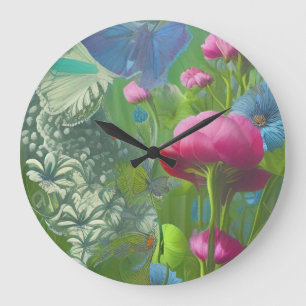 Reloj Redondo Grande Floral rosa, azul y blanco