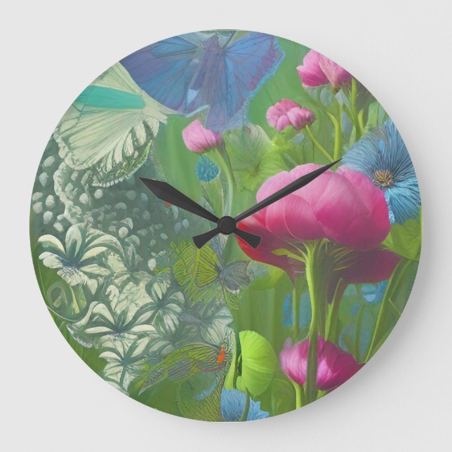 Reloj Redondo Grande Floral rosa, azul y blanco (Anverso)