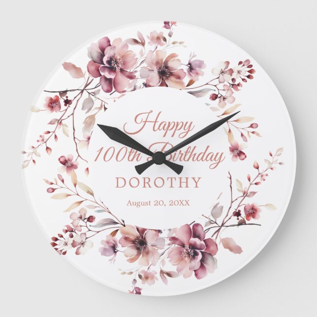 Reloj Redondo Grande Floral rosa borgoñona personalizada en los 100 año (Anverso)