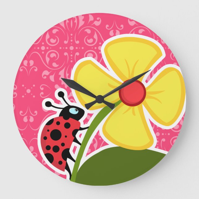 Reloj Redondo Grande Floral rosa; Ladybug (Anverso)