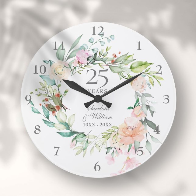 Reloj Redondo Grande Floral Rosas  del 25° aniversario de Boda de Plata (25th Silver Wedding Anniversary Roses Floral Large Clock)