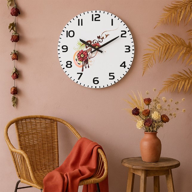 Reloj Redondo Grande Floral Swirl con flores rojas y colibrí (Subido por el creador)