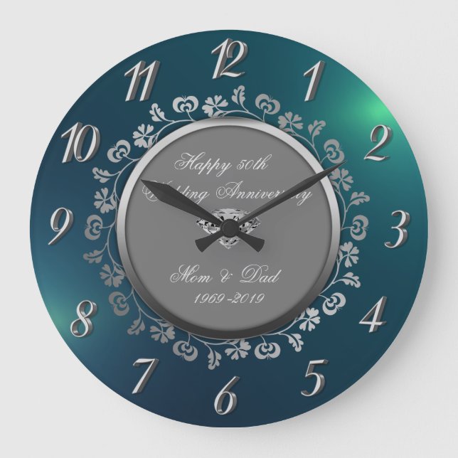 Reloj Redondo Grande Floral Swirls, 50° Aniversario Verde del Boda (Anverso)