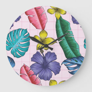 Reloj Redondo Grande Floral tropical: patrón de hojas sin soldadura