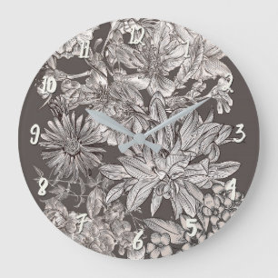 Reloj Redondo Grande Floral Vintage Moderno Botánico Chic Marfil y Gris