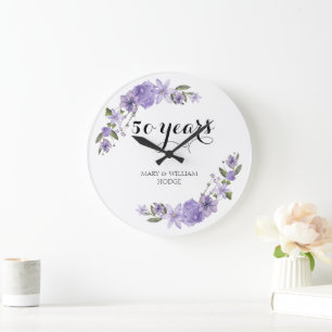 Reloj Redondo Grande Florales lavanda púrpura aniversario de bodas 50