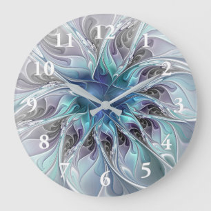 Reloj Redondo Grande Florecer Abstracto Moderno Floral Fractal Con Azul