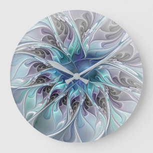 Reloj Redondo Grande Florecer Abstracto Moderno Floral Fractal Con Azul