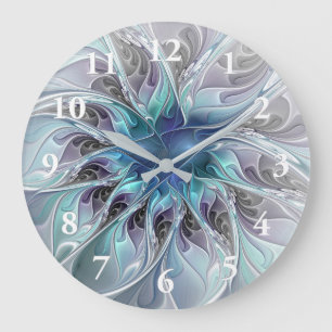 Reloj Redondo Grande Florecer Abstracto Moderno Floral Fractal Con Azul