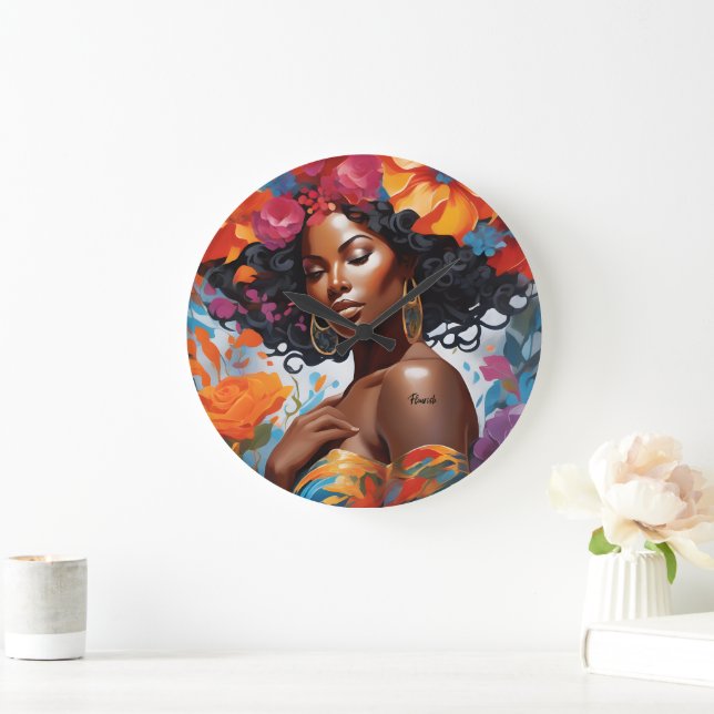 Reloj Redondo Grande Florecer mujer negra afroamericana (Hogar)