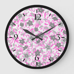 Reloj Redondo Grande Flores abstractas rosadas grises blancas lindas