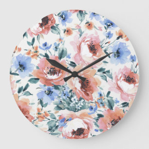 Reloj Redondo Grande Flores acuarelas, ilustracion sin costura.