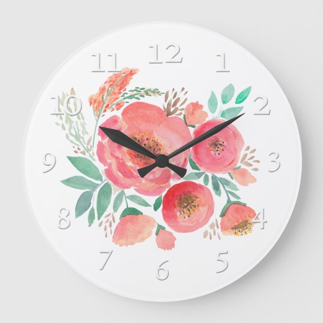 Reloj Redondo Grande Flores acuarelas, ramo. (Anverso)
