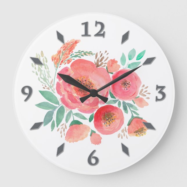 Reloj Redondo Grande Flores acuarelas, ramo. (Anverso)