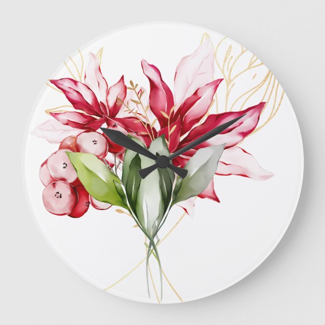 Reloj Redondo Grande Flores acuáticas de poinsettia roja feriado de inv (Anverso)