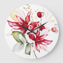 Reloj Redondo Grande Flores acuáticas de poinsettia roja feriado de inv