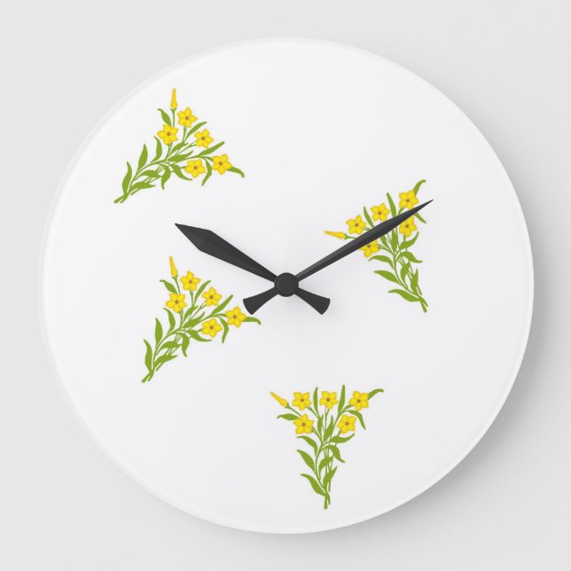 Reloj Redondo Grande Flores amarillas con hojas verdes sobre blanco (Anverso)