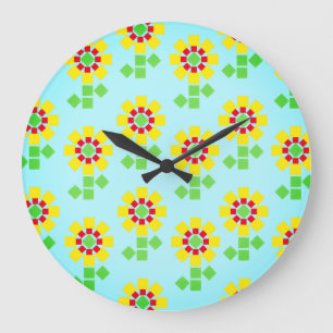 Reloj Redondo Grande Flores amarillas de formas cuadradas