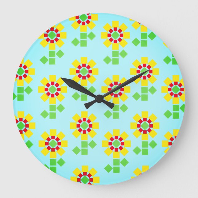 Reloj Redondo Grande Flores amarillas de formas cuadradas (Anverso)