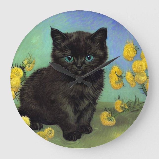 Reloj Redondo Grande Flores amarillas de gato negro Van Gogh (Anverso)