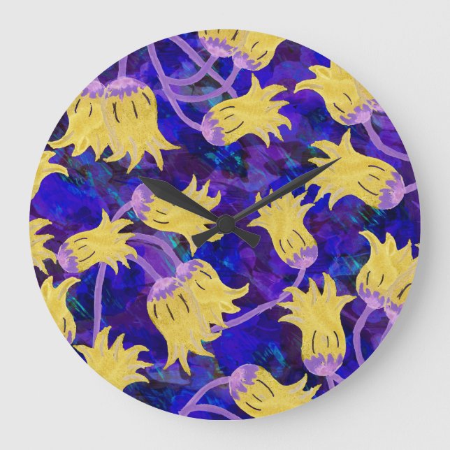 Reloj Redondo Grande Flores amarillas: fondo oscuro acuarela arte (Anverso)