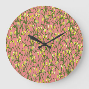 Reloj Redondo Grande Flores Amarillas Vintage De Fondo Rosa