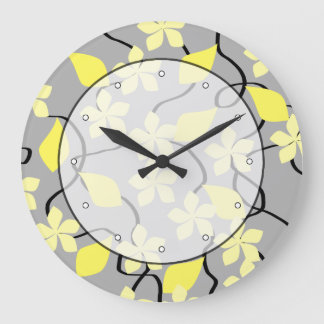 Reloj Redondo Grande Flores amarillas y grises. Patrón floral.