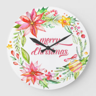 Reloj Redondo Grande Flores arrasan la tipografía moderna Feliz Navidad