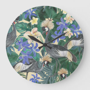 Reloj Redondo Grande Flores Azules Plumerias, Acuarela Seamless.