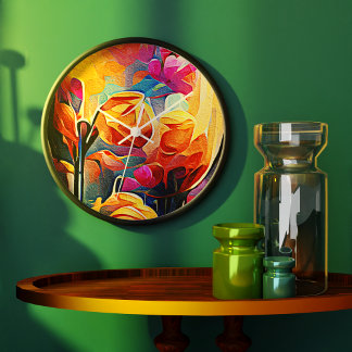 Reloj Redondo Grande Flores azules rojas Naranja de arte Abstracto flor