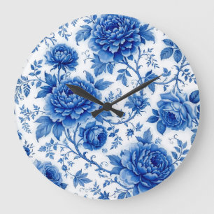 Reloj Redondo Grande Flores Azules Rosas Peonías Blancas Cobalto