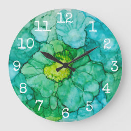 Reloj redondo grande "Flores azules-verdes"