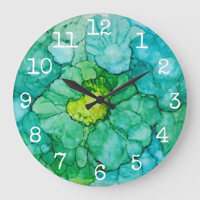 Reloj redondo grande "Flores azules-verdes" (Anverso)