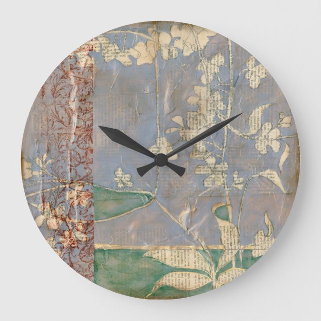 Reloj Redondo Grande Flores blancas en fondo del papel prensa (Anverso)