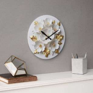 Reloj Redondo Grande flores blancas esculpidas y hojas doradas florales