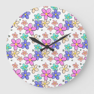 Reloj Redondo Grande flores brillantes arcoíris coloridas abejas floral